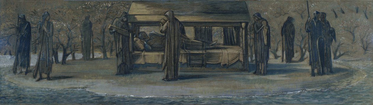 Rei Artur em Avalon, c.1890 (técnica mista sobre papel) de Edward Coley Burne Jones