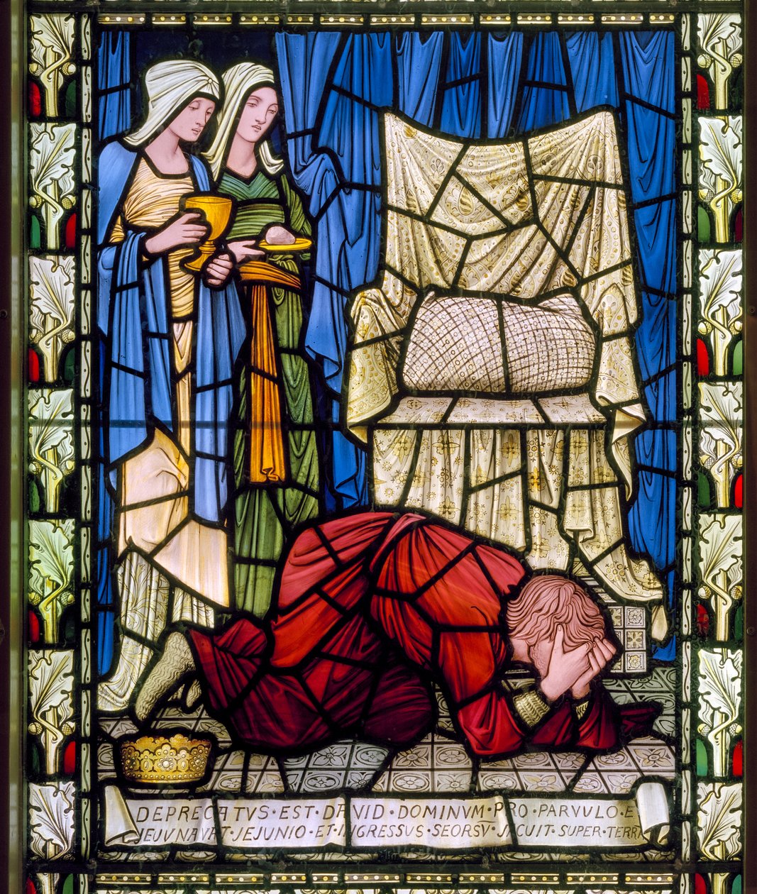 Rei Davi chorando e orando pela vida de seu filho doente, e então aceitando com firmeza a morte da criança, c.1896 (vitral) de Edward Burne Jones