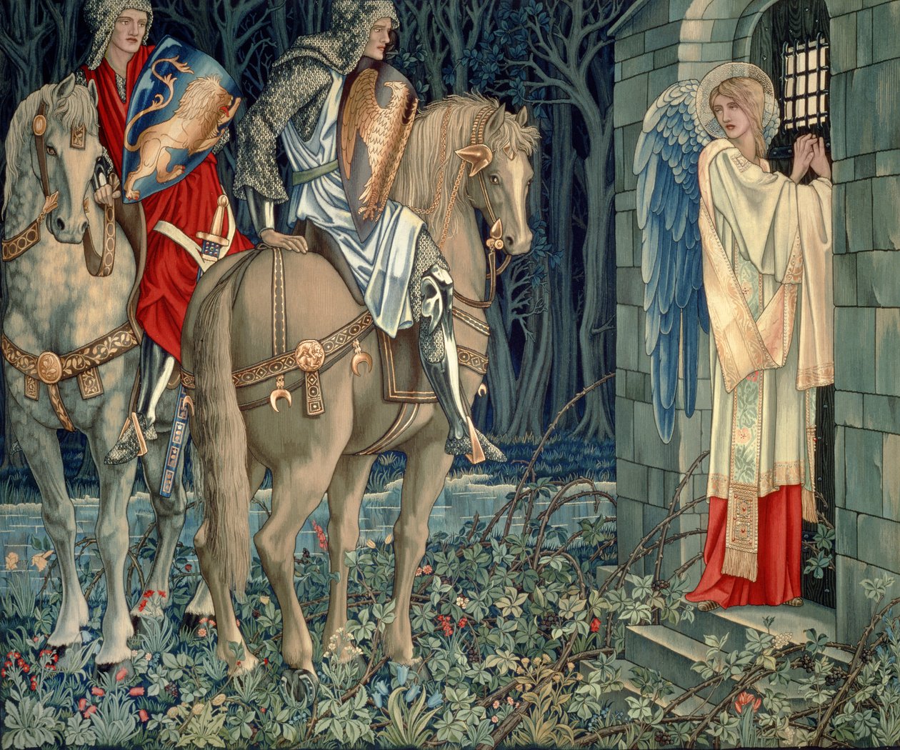 Busca pelas Tapeçarias do Santo Graal - Painel 3 - O Fracasso de Sir Gawaine; Sir Gawaine e Sir Uwaine na Capela em Ruínas, 1895-96 de Edward Burne Jones