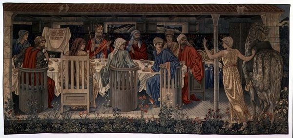 Busca pelas Tapeçarias do Santo Graal, Painel 1, Cavaleiros da Távola Redonda Convocadas para a Busca pela Donzela Estranha, 1898-1899 de Edward Burne Jones