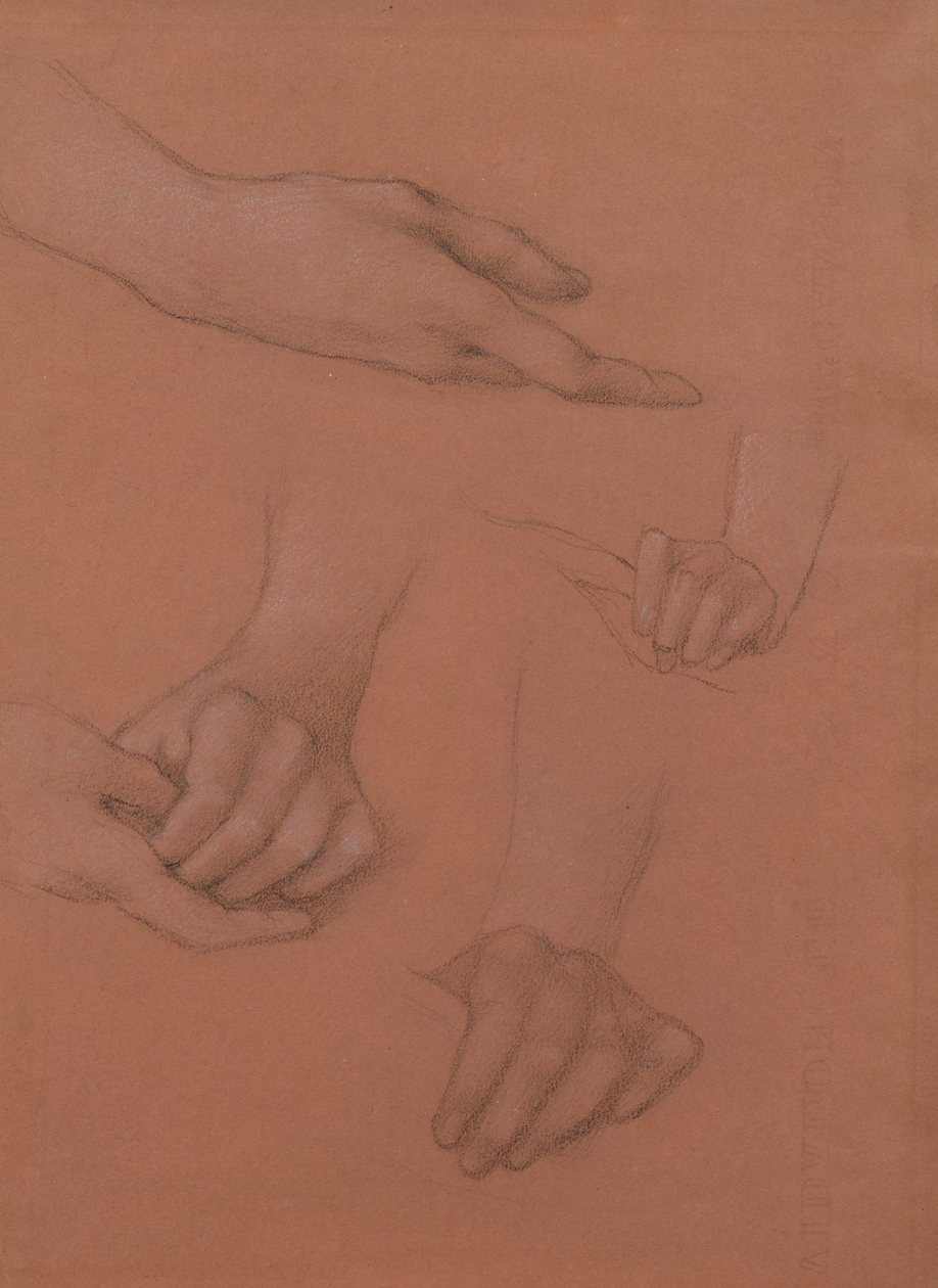 Estudos das Mãos para o Retrato de Mary Gaskell (giz preto e branco sobre papel) de Edward Burne Jones