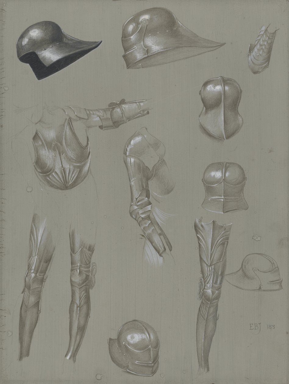 Estudos de uma armadura de 1875 (grafite, lavagem, wc e bodycolour no papel) de Edward Burne Jones