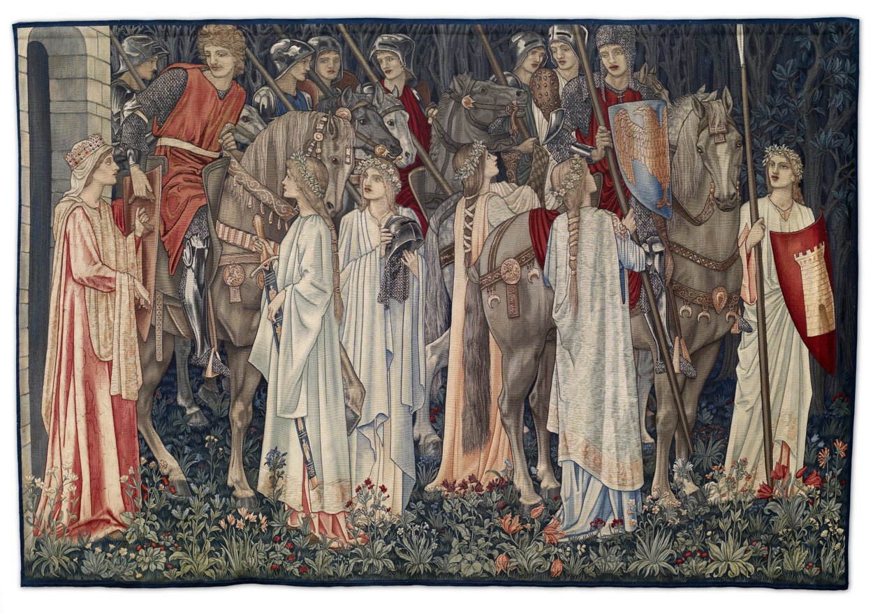 O Armar e Partida dos Cavaleiros, tapeçaria desenhada pelo artista e tecida por Morris & Co., 1895-96 de Edward Burne Jones