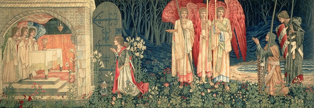 A conquista; A visão do Santo Graal a Sir Galahad, Sir Bors e Sir Percival, da série "A busca pelo Santo Graal", 1895-96 de Edward Burne Jones