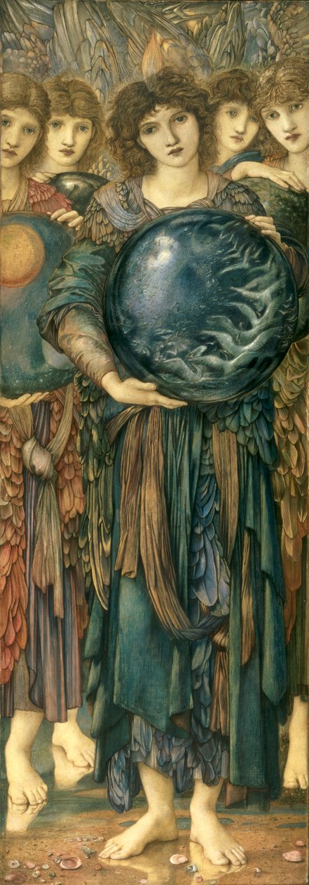 Os Dias da Criação: O Quinto Dia, 1870-76 (wc, guache, casca de ouro e tinta plantinum no painel coberto de linho) de Edward Burne Jones