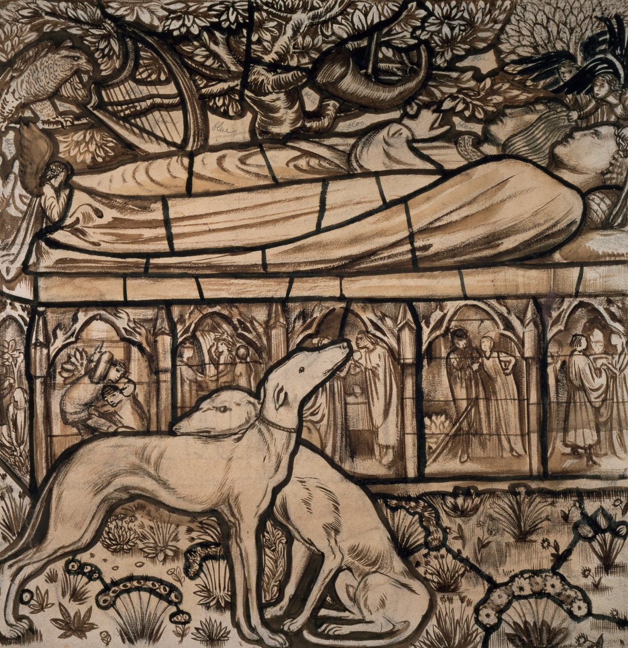 O túmulo de Tristram e Iseult, desenho animado para vitral, 1862 de Edward Burne Jones