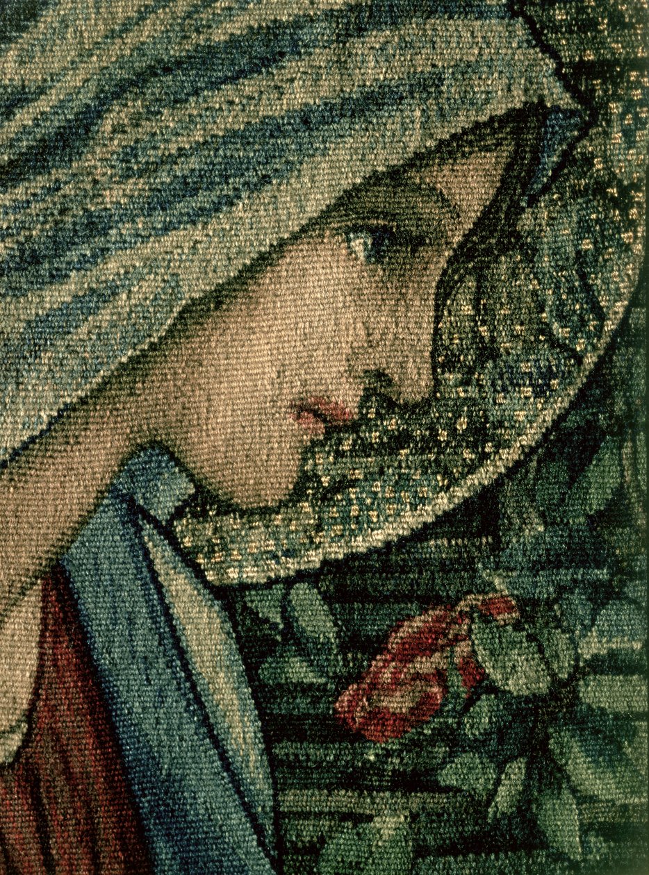 As virgens enfrentam, detalhe da adoração dos Magos, feita por William Morris e co. Merton Abbey handwoven detalhes de tapeçaria de lã de 74333 de Edward Burne Jones