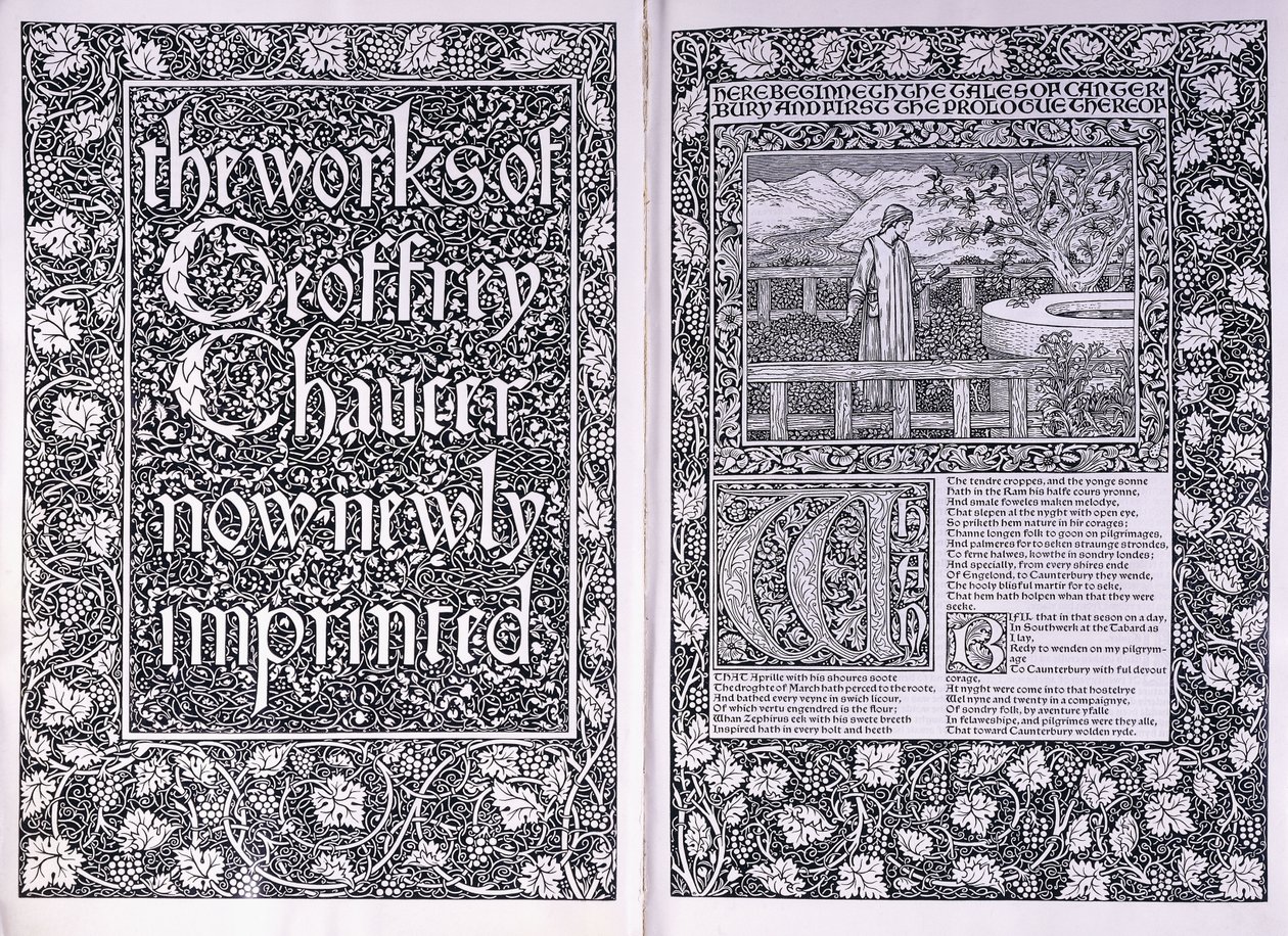 Página de título e página de abertura da edição de Kelmscott Press de "Os Trabalhos de Geoffrey Chaucer", 1896 de Edward Burne Jones