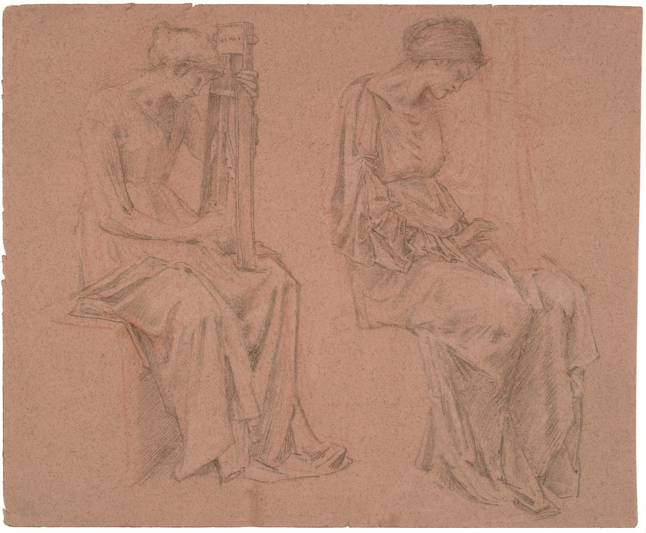 Dois estudos de uma menina sentada tocando uma cítara de Edward Coley Burne Jones