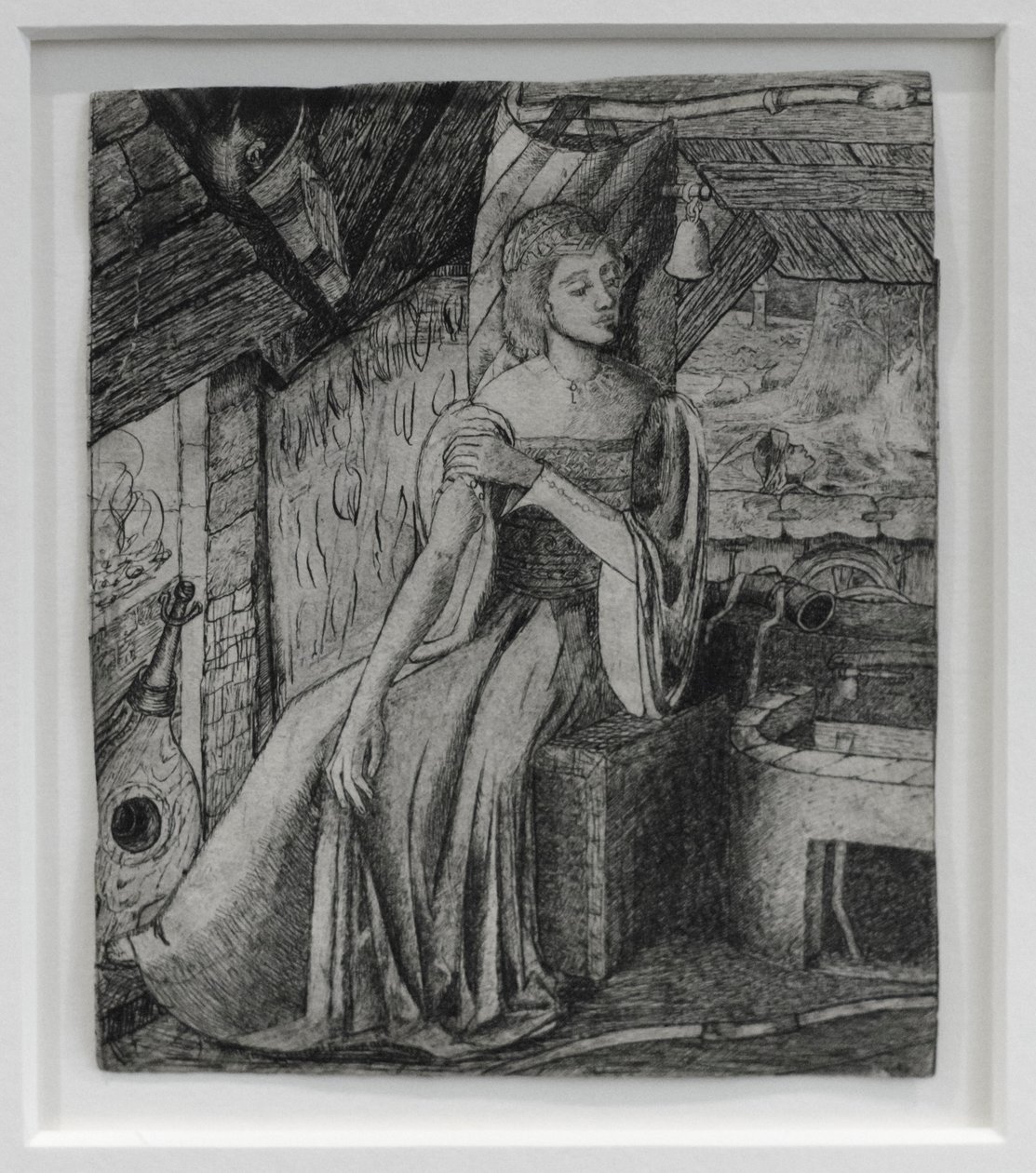Motivo não identificado, possivelmente a filha de Cupido junto à sua forja, c.1857 (caneta, lápis sobre papel) de Edward Coley Burne Jones