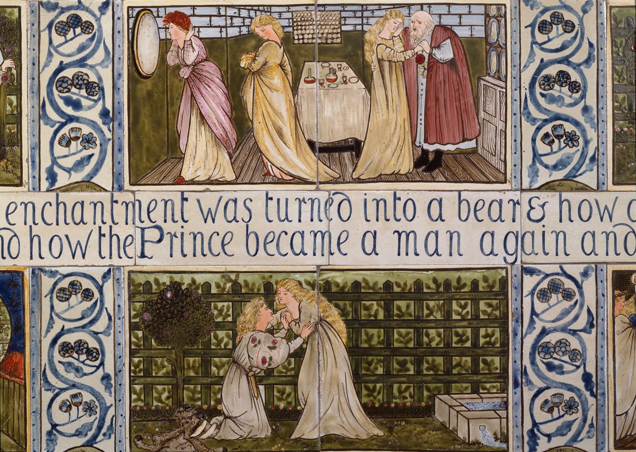 Painel de azulejos representando a história da Bela e o Monstro da casa de Birket Foster em Witley, Surrey, c.1862 (cerâmica) de Edward Coley & Morris William (1834-96) Burne-Jones