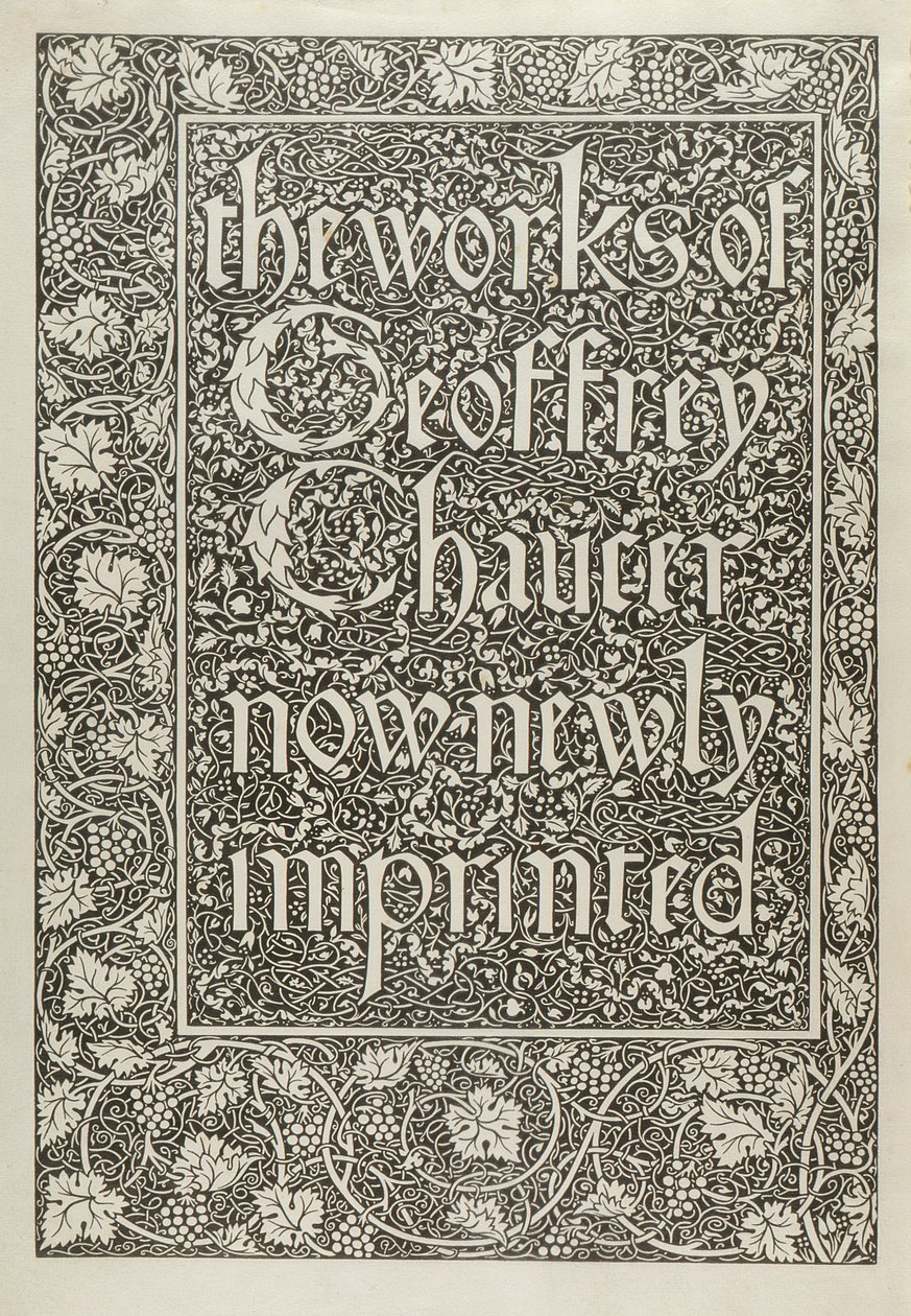 Página de título, das obras de Geoffrey Chaucer agora recentemente Imprint, gravado por William Morris (1834-96) 1896 de Edward Coley after Burne Jones