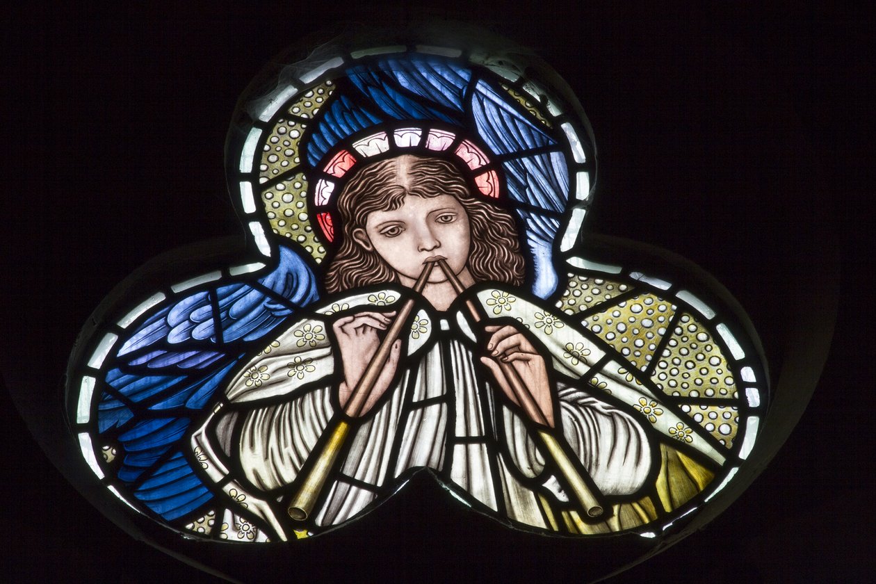 Wilden, Todos os Santos, Morris & Co., Edward Burne-Jones, John Henry Dearle (1859-1932), Anjos soprando canos duplos, Músicos Anjos, 1902-1914, Louisa, Alfred, Os Baldwins, Primeiro Ministro, Metodista, W de Edward Coley and Dearle Burne Jones