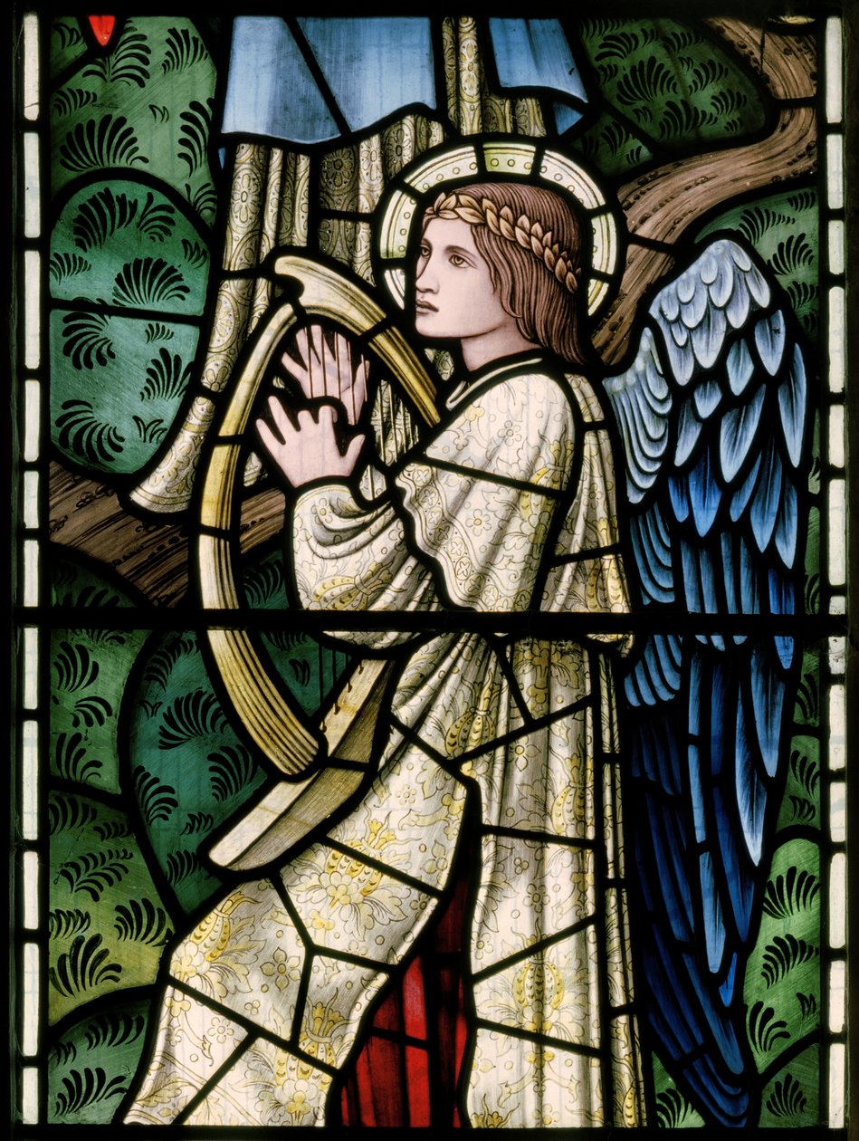 Wilden, Todos os Santos, Morris & Co., Edward Burne-Jones, John Henry Dearle (1859-1932), Anjos do Paraíso, Anjo Músicos, detalhe, 1902-1914, Louisa, Alfred, Os Baldwins, Primeiro Ministro, Metodista, Wo de Edward Coley and Dearle Burne Jones
