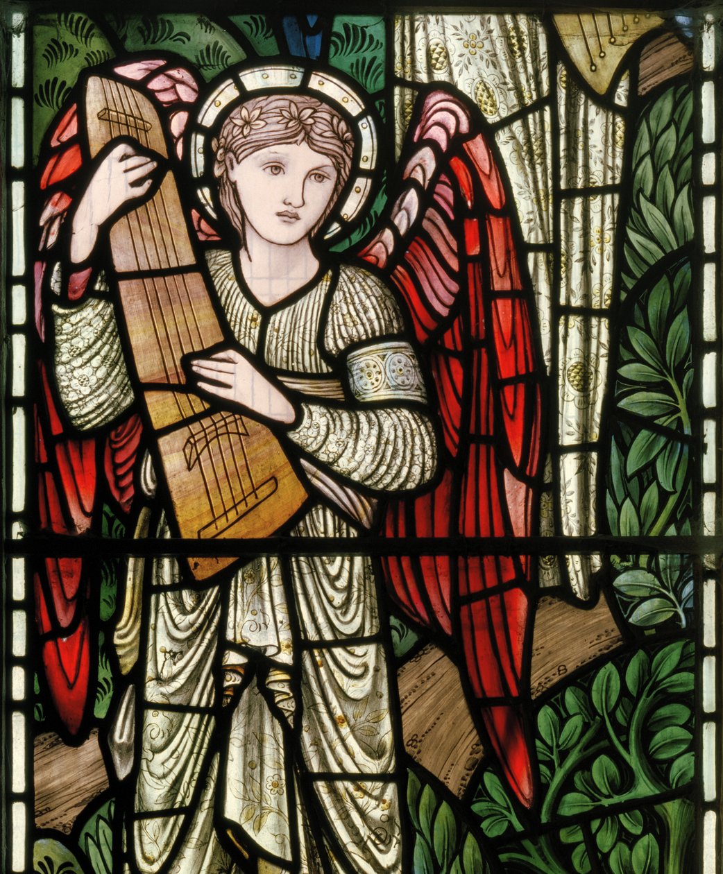 Wilden, Todos os Santos, Morris & Co., Edward Burne-Jones, John Henry Dearle (1859-1932), Anjos do Paraíso, Anjo Músicos, detalhe, 1902-1914, Louisa, Alfred, Os Baldwins, Primeiro Ministro, Metodista, Wo de Edward Coley and Dearle Burne Jones