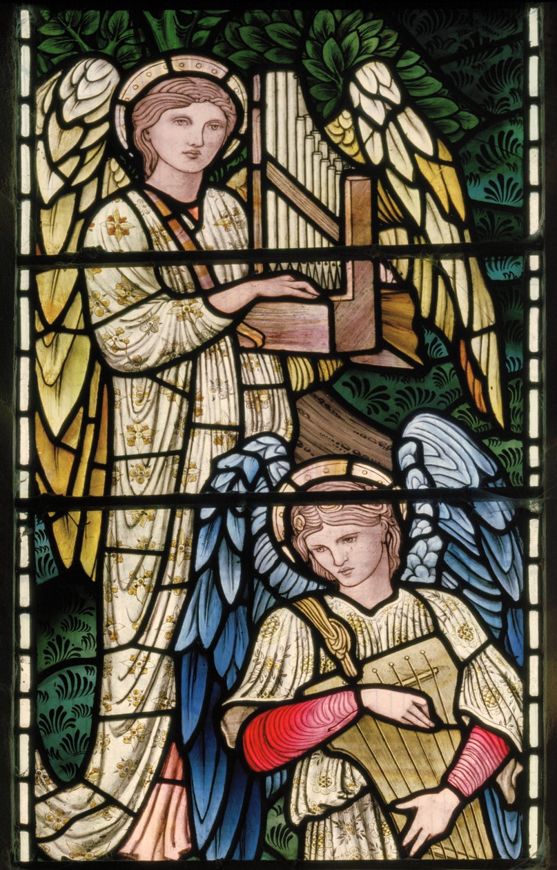 Wilden, Todos os Santos, Morris & Co., Edward Burne-Jones, John Henry Dearle (1859-1932), Anjos do Paraíso, Anjo Músicos, detalhe, 1902-1914, Louisa, Alfred, Os Baldwins, Primeiro Ministro, Metodista, Wo de Edward Coley and Dearle Burne Jones