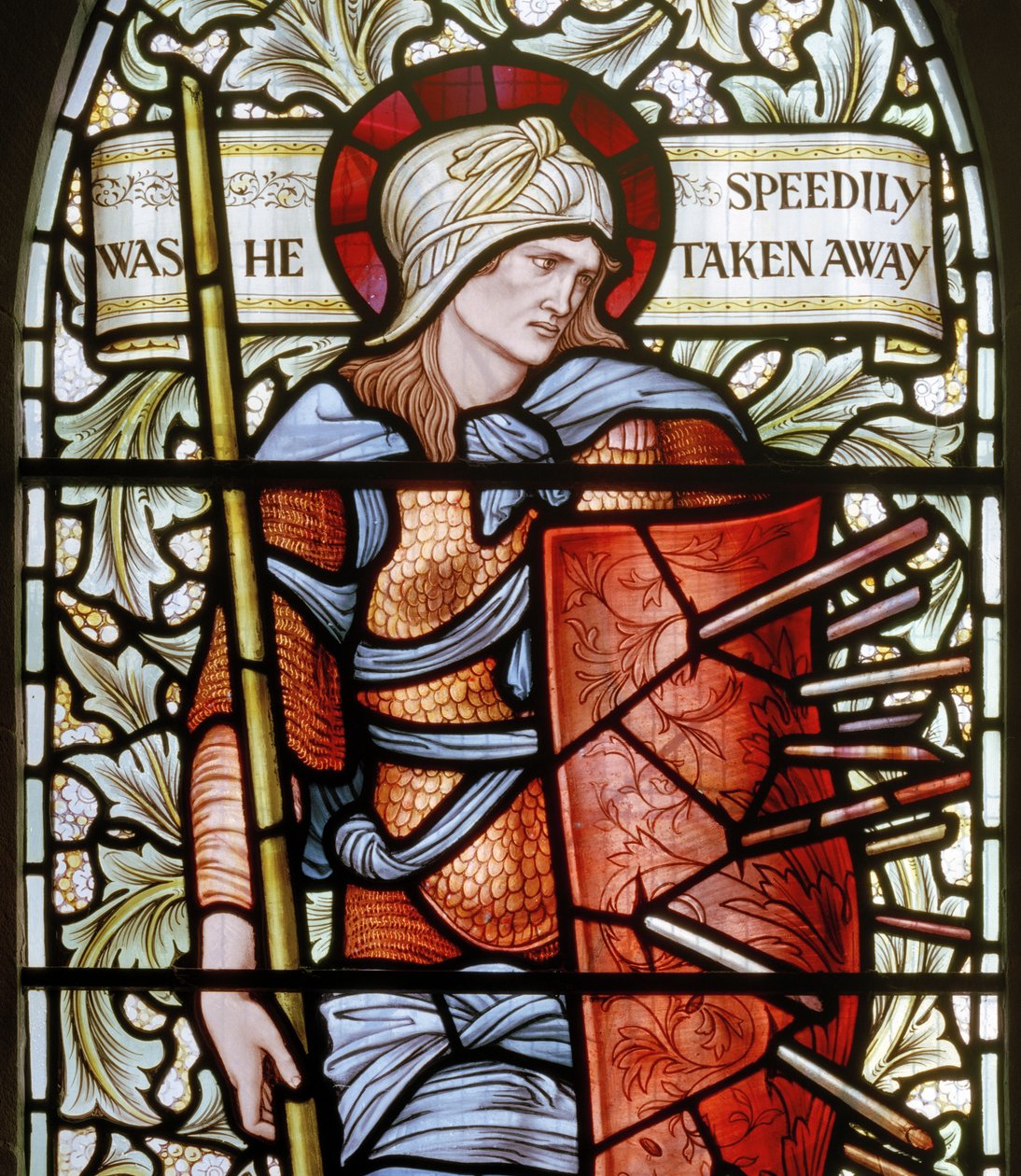 Wilden, Todos os Santos, Morris & Co., Edward Burne-Jones, John Henry Dearle (1859-1932), Fortitude, detalhe, 1902-1914, Louisa, Alfred, Os Baldwins, Primeiro Ministro, Metodista, Worcestershire, Artes e Artesanato de Edward Coley and Dearle Burne Jones