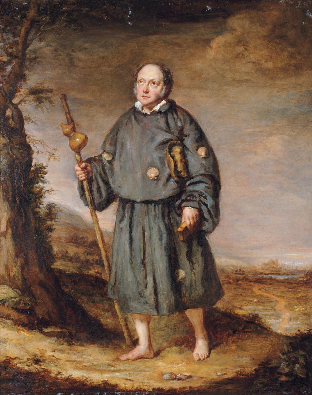 Retrato de um cavalheiro como peregrino, em uma pista, segurando um bastão com uma cabaça e uma Bíblia, 1836 de Edward Daniel Leahy