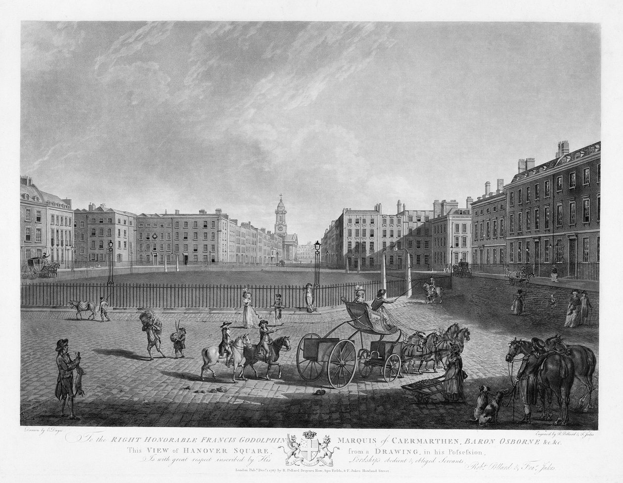 Praça de Hanôver, de um conjunto de quatro vistas das praças de Londres, gravadas por Robert Pollard (1755-1838) e Francis Jukes (1747-1812) 1781 (gravura e pintura a água) de Edward Dayes