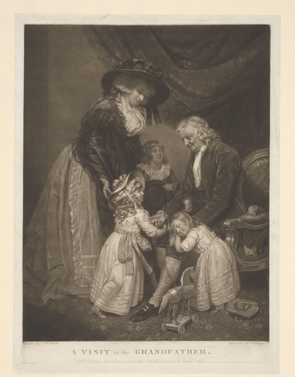 Mulher com três filhos visitando seu avô Uma visita ao Avô (título no objeto) de Edward Dayes