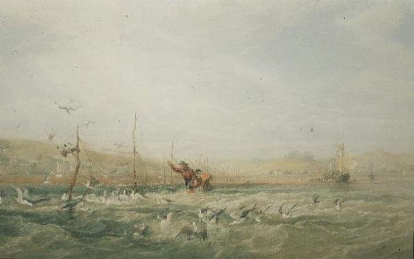 Pescadores que perseguem gaivotas das redes, Mumbles, Gales do Sul de Edward Duncan