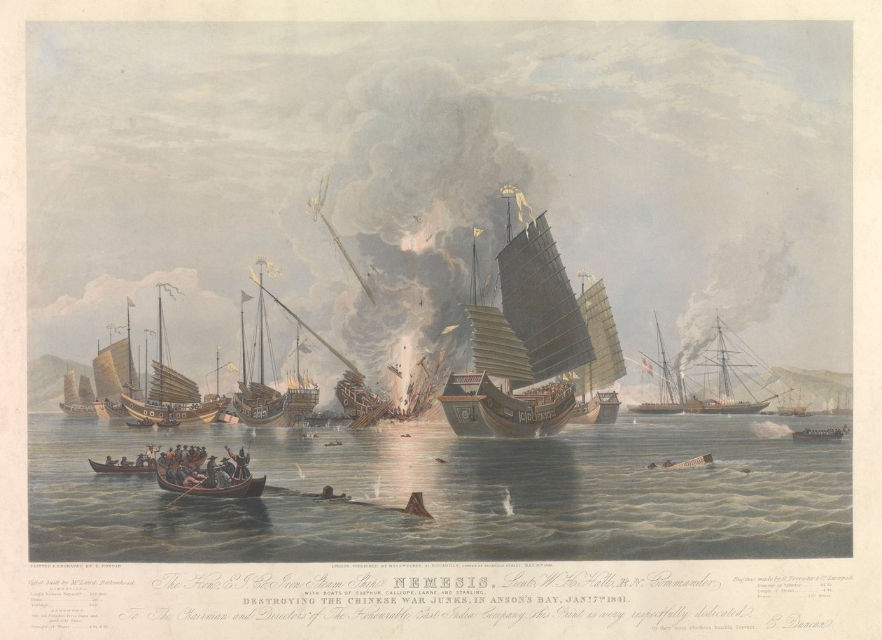 Navio a vapor Nemesis, juncos de guerra na baía de Anson, 7 de janeiro de 1841 de Edward Duncan