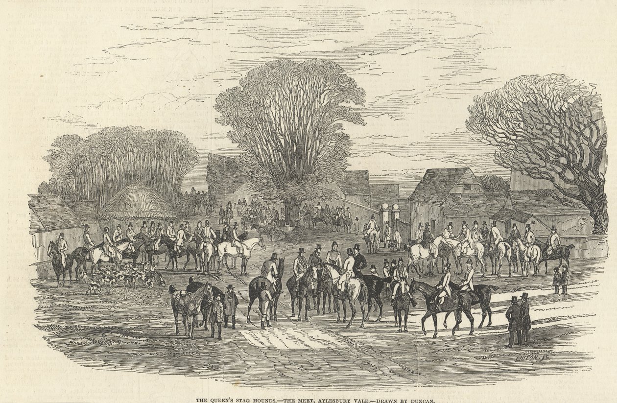 Os Cães de Caça da Rainha: The Meet, Aylesbury Vale, de &39;The Illustrated London News&39;, 5 de dezembro de 1846 de Edward Duncan