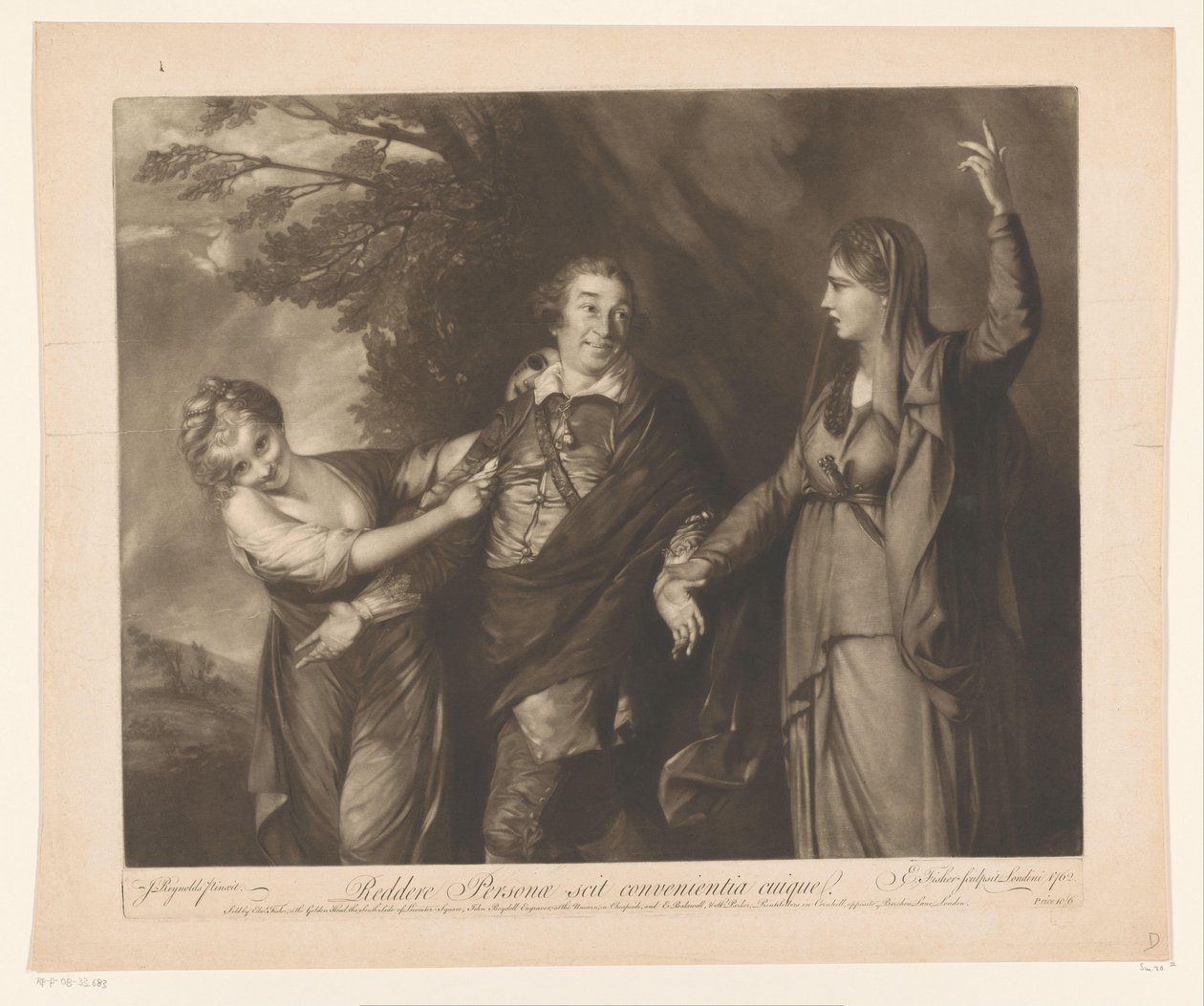 Retrato de David Garrick entre personificações de comédia e tragédia
Reddere Personae scit convenientia cuique (título sobre o objecto) de Edward Fisher