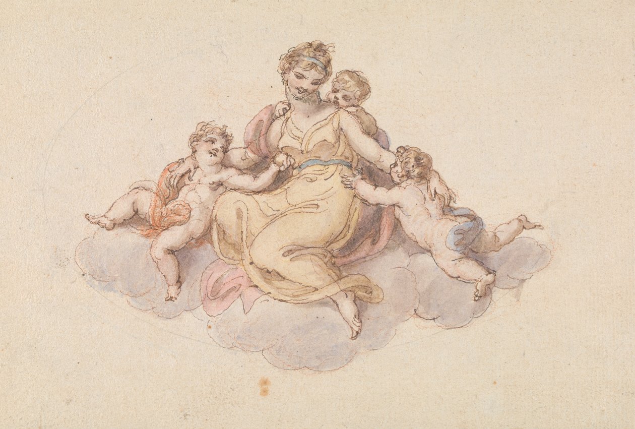 Mãe e filhos sentados nas nuvens de Edward Francis Burney