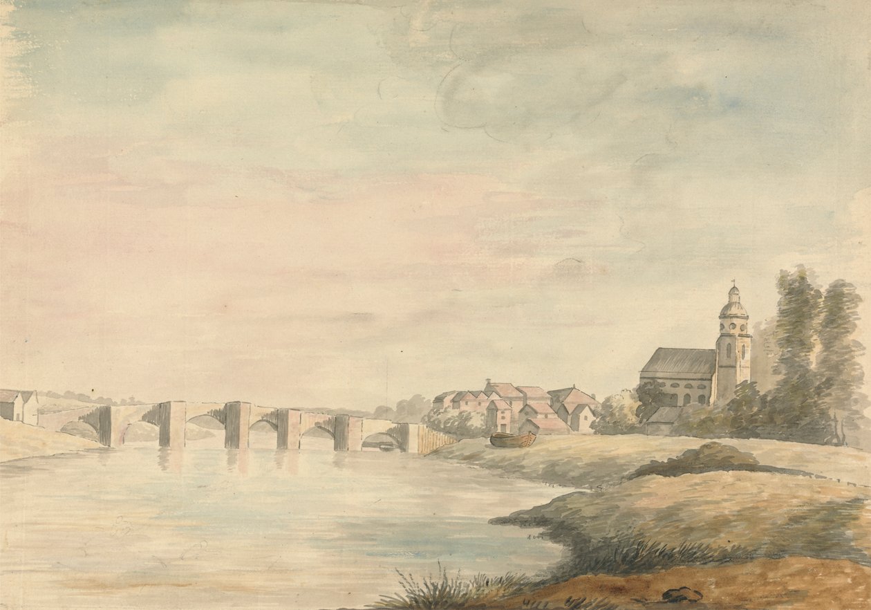 Paisagem fluvial com ponte de Edward Francis Burney