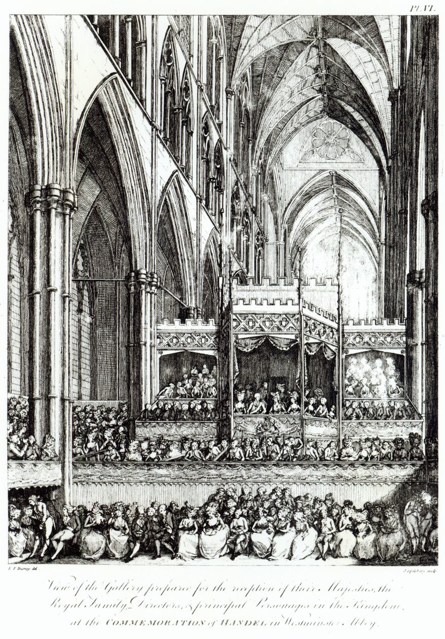 Vista da Galeria preparada para a recepção de suas Majestades a Família Real, Diretores e principais Personagens do Reino na Comemoração de Handel na Abadia de Westminster, gravada por Joh de Edward Francis Burney