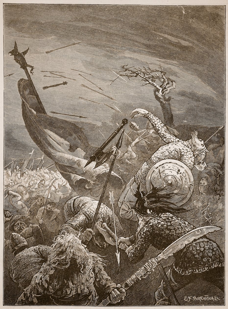 Morte de Harold na batalha de Hastings, ilustração de &39;História Ilustrada de Cassell da Inglaterra&39; (foto sépia) de Edward Frederick Brewtnall