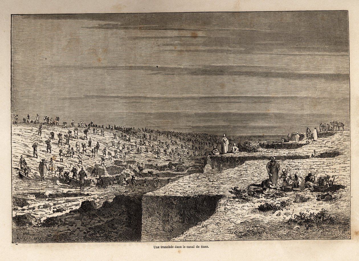 Uma vala no Canal do Suez, desenhada por Grenet, para ilustrar uma excursão ao Canal do Suez em 1862 por Paul Merruau. Gravura em "Le tour du monde", editado por Edouard Charton de Edward Grenet