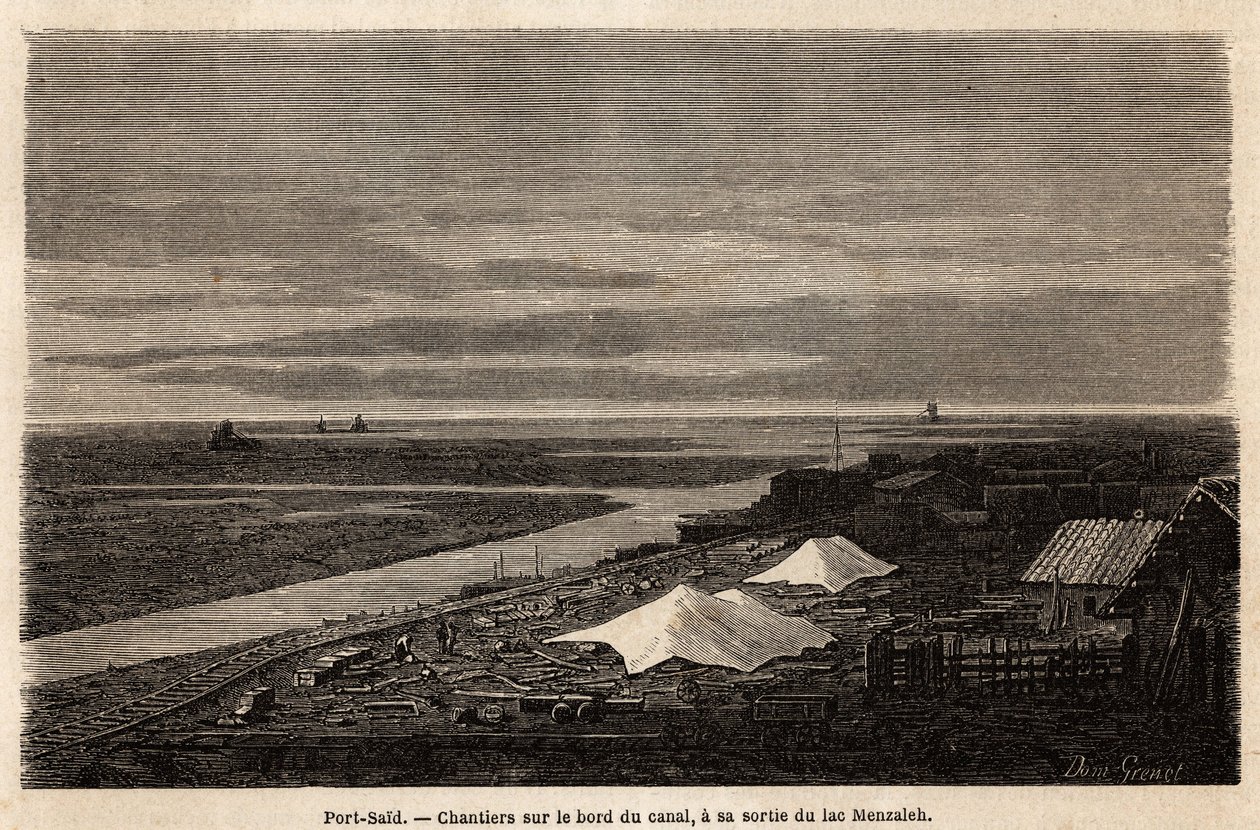 Port Said estaleiros navais, na beira do Canal do Suez, na sua saída do Lago Menzaleh, desenho de Grenet, para ilustrar uma excursão ao Canal do Suez, em 1862, por Paul Merruau. Gravura em "Le tour du monde", editado por Edouard Charton de Edward Grenet