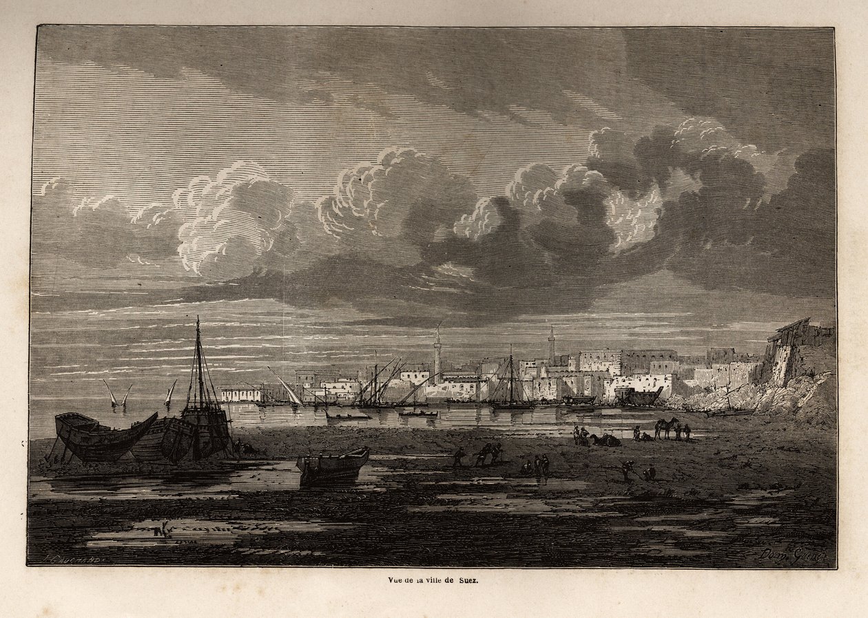 Vista da cidade de Suez (Egito), desenho de Grenet, para ilustrar uma excursão ao Canal de Suez, em 1862, de Paul Merruau. Gravura em "Le tour du monde", editado por Edouard Charton de Edward Grenet