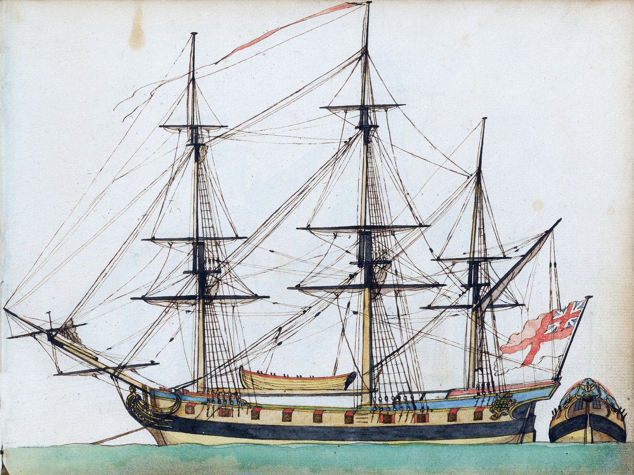 Navio britânico de 20 canhões, mostrando o cordame e um barco de navio, e uma vista separada da popa, c.1780 (aguarela, caneta e tinta) de Edward Gwyn