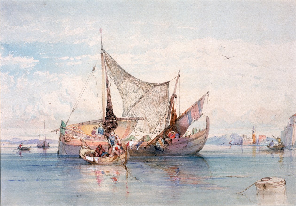 Barcos em um lago italiano norte (bodycolour) de Edward Harper