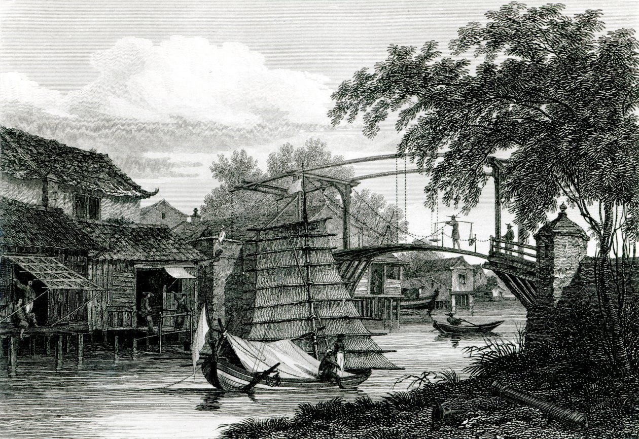 Ponte levadiça em Malaca, gravada por George Cooke de Edward Hawke Locker