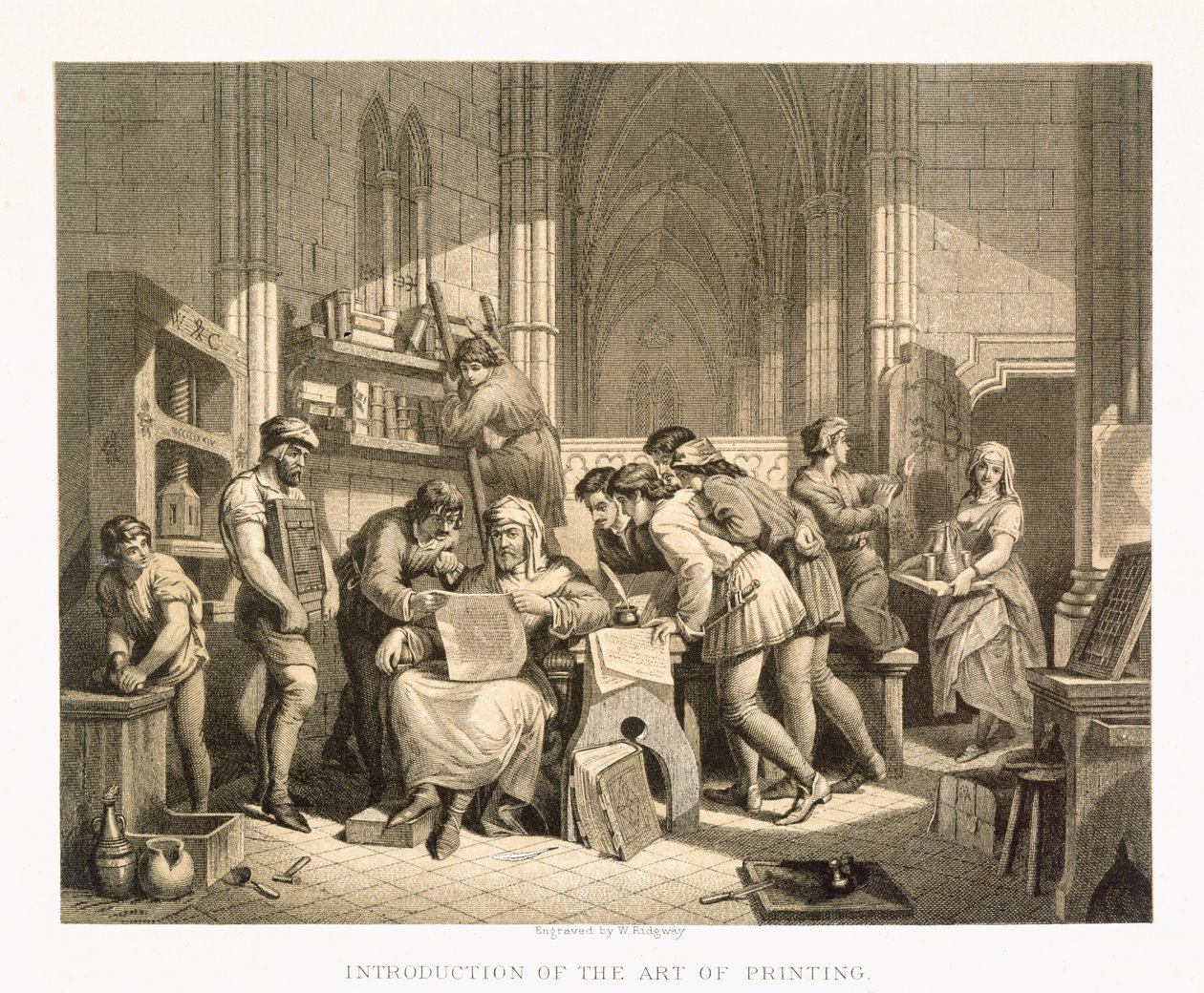Introdução da arte da impressão, a partir de "Ilustrações da História Escocesa e Inglesa", Volume I de Edward Henry Wehnert