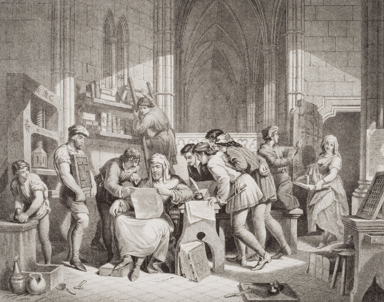Introdução da arte da impressão, a partir de "Ilustrações da História Escocesa e Inglesa", Volume I de Edward Henry Wehnert