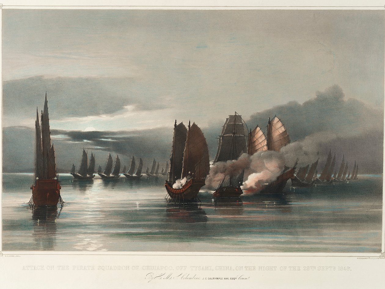 Ataque ao esquadrão pirata de Chuiapoo, ao largo de Tysami, China, na noite de 28 de setembro de 1849 pelo HMS Columbine, J C Dalrymple Hay, Esqr, Commr, c.1849 (impressão, litografia, cor) de Edward Hodges Cree