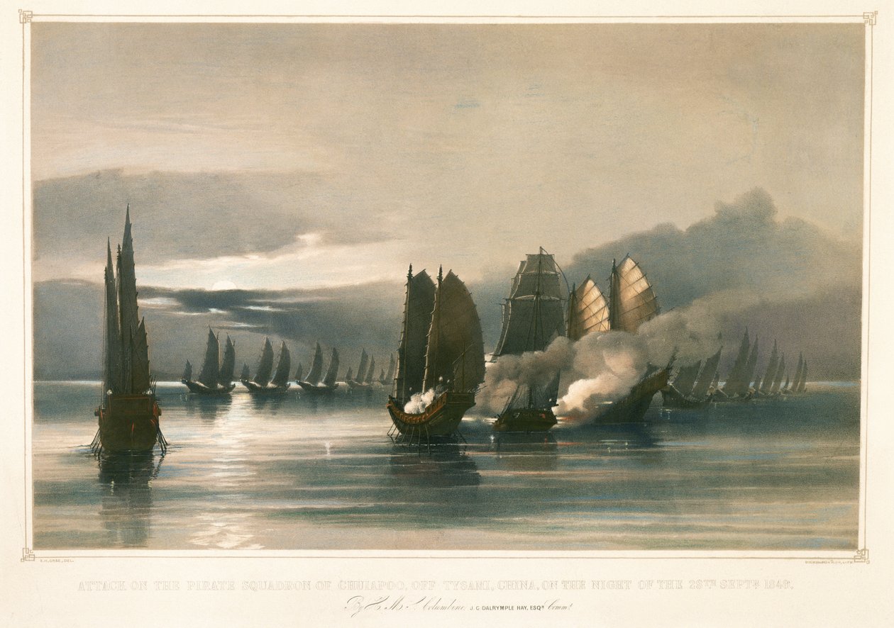 Ataque à esquadra pirata de Chuiapoo, ao largo de Tysami, China, 28 de setembro de 1849, meados do século XIX (litografia) de Edward Hodges Cree