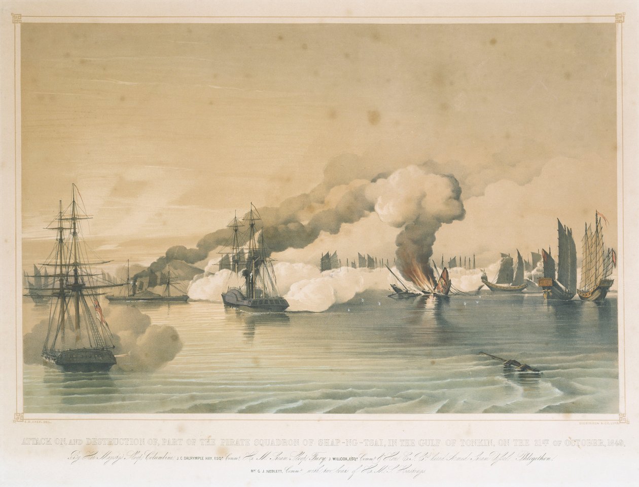 Ataque à esquadra pirata de Shap-ng-tsai, pelos navios "Columbine", "Fury" e "Phlegethon", Golfo de Tonkin, 21 de outubro de 1849 de Edward Hodges Cree