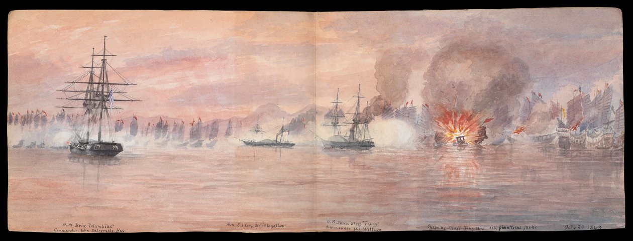 Diário Ilustrado Privado do Dr. E H Cree, Volume XII 1849, página 73-74, "O ataque à frota pirata de Shap-ng-tsai no rio Tonquin" 21 de outubro de 1849 CRJ12 (pintura) de Edward Hodges Cree