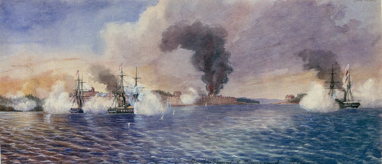 O bombardeamento de Bomarsund (Finlândia), em agosto de 1854, durante a Guerra da Crimeia (1853-1856). Aguarela de Edward Hodges Cree (1814-1901). de Edward Hodges Cree