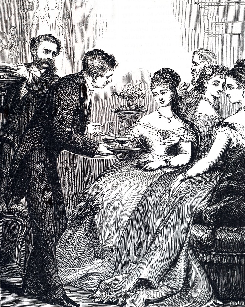 Gravura representando um cavalheiro entregando a uma senhora um prato de geleia durante um jantar de Edward Hughes