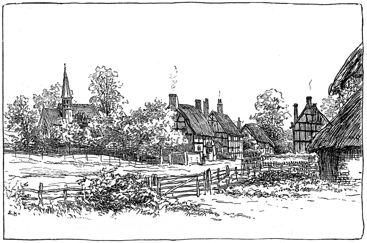 Vila de Luddington e igreja nova, Warwickshire, 1885. de Edward Hull