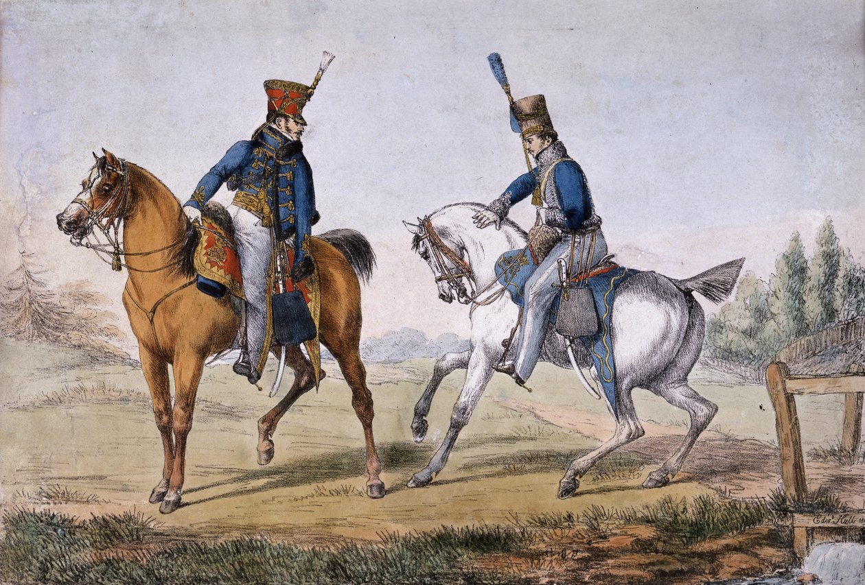 Oficiais do 10º e 18º Hussardos, publicados pela Acousticman&39;s Lithographic Press, 1819 (litografia colorida) de Edward Hull