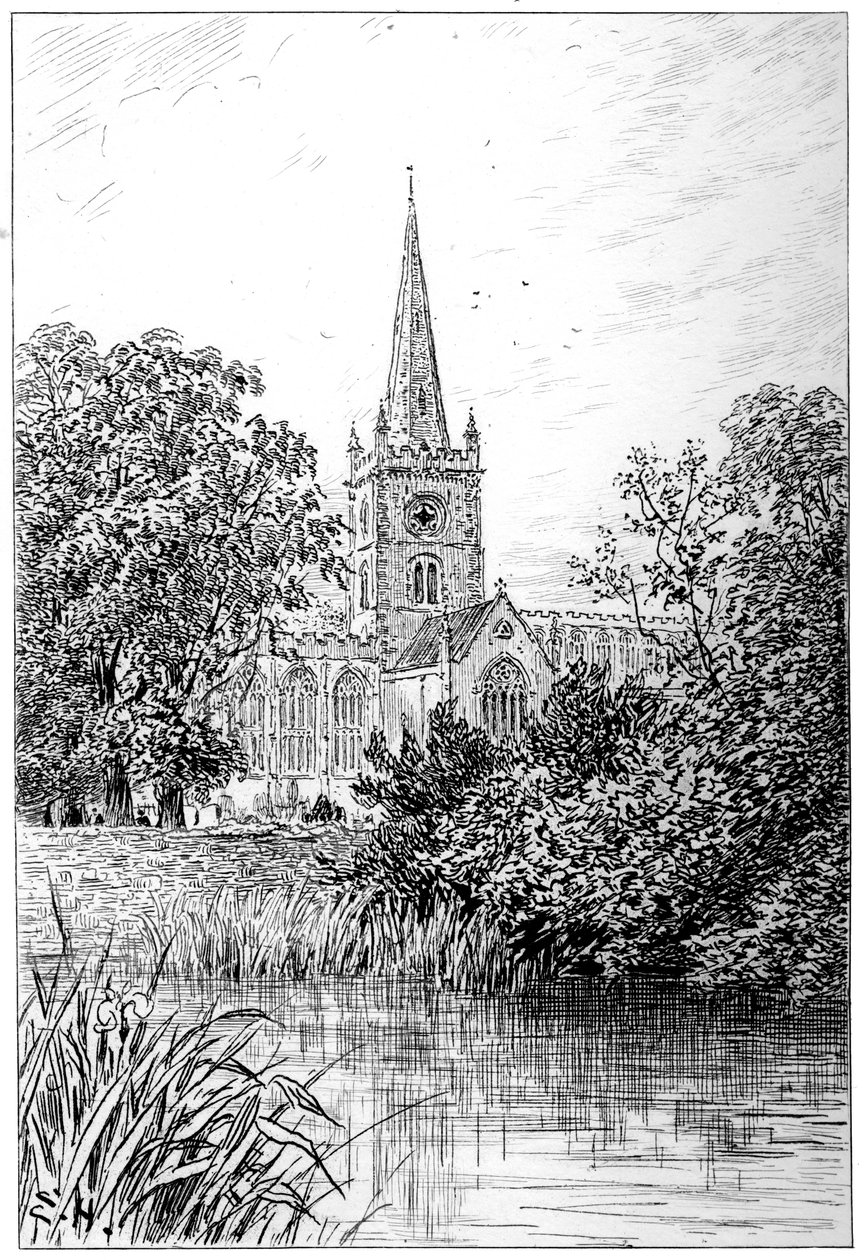 Igreja de Stratford como visto do rio, Stratford-upon-Avon, Warwickshire, 1885. de Edward Hull