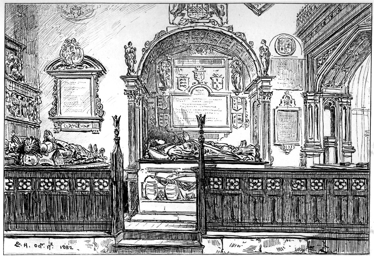 O banco na igreja de Clopton, Stratford-upon-Avon, Warwickshire, 1885. de Edward Hull